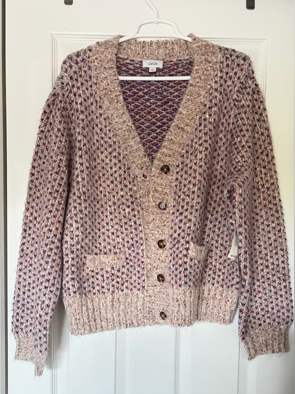 CeCe Marled Cream and Purple Button-Up Knit Cardigan